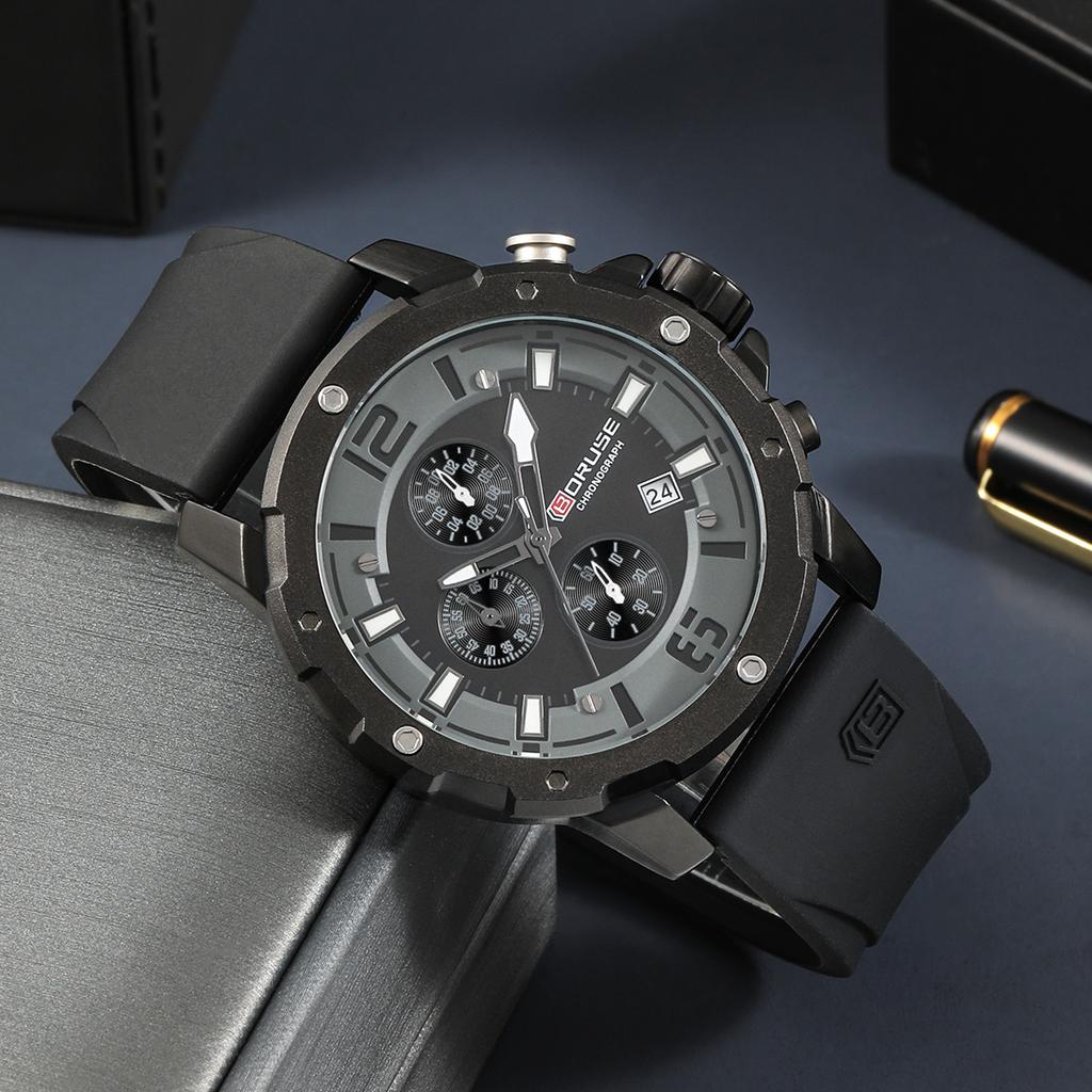 BORUSE Мужские часы Мужские часы с большим циферблатом Силиконовый ремешок Мужские кварцевые часы Классические деловые часы Многофункциональные часы-хронограф
