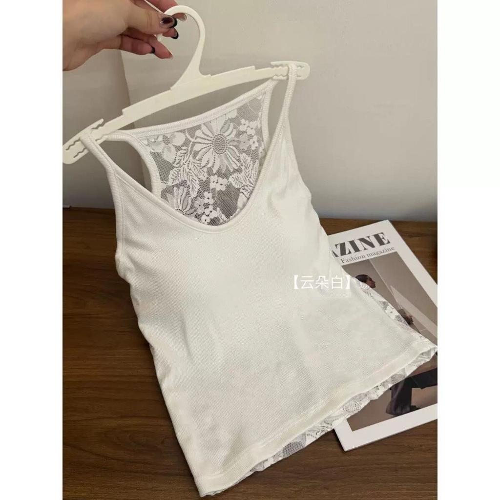 Women U‑Neck Tank Top Generic Back Floral Lace Splice Ribbed Slim Fit Sleeveless Cami Top, White Black Tea Brown Navy Blue