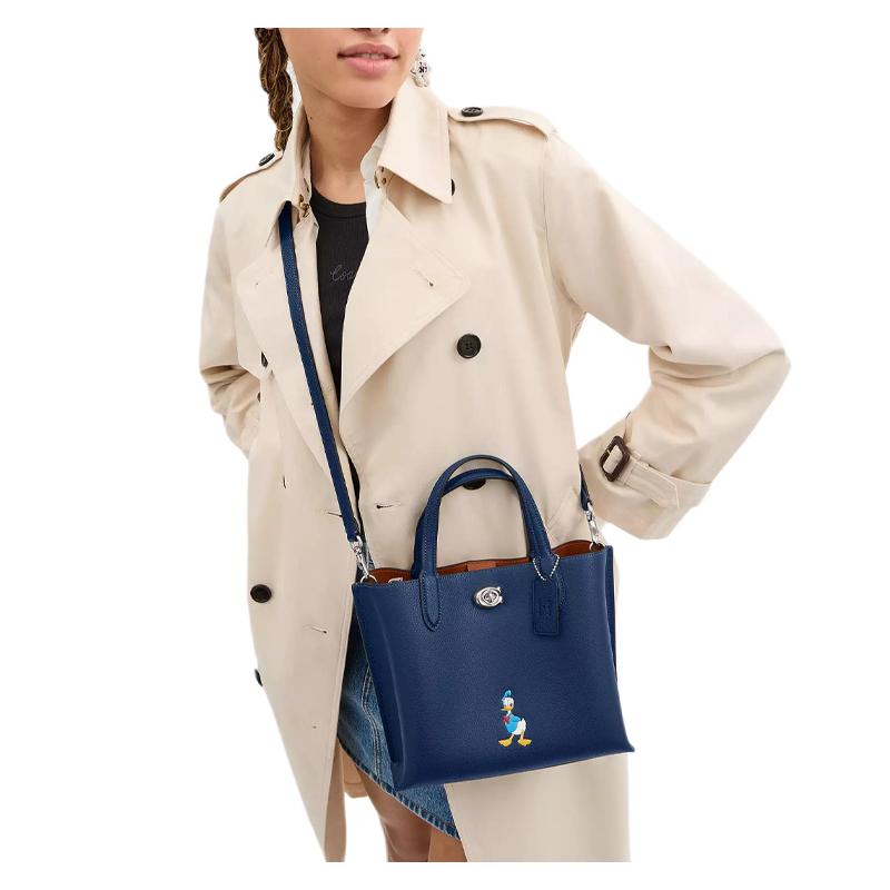 Coach Сумка-тоут Willow 24 с логотипом бренда, застежкой-молнией, текстурированной кожей, сумка-шоппер, сумка через плечо, средняя, женская, темно-синяя