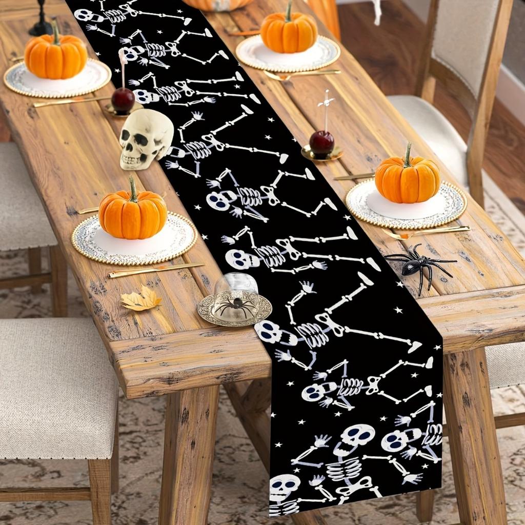 1pc Black Halloween Table Runner Skeleton Dance Print Table Runner Waterproof Durable Tablecloth for Halloween Party Decoration