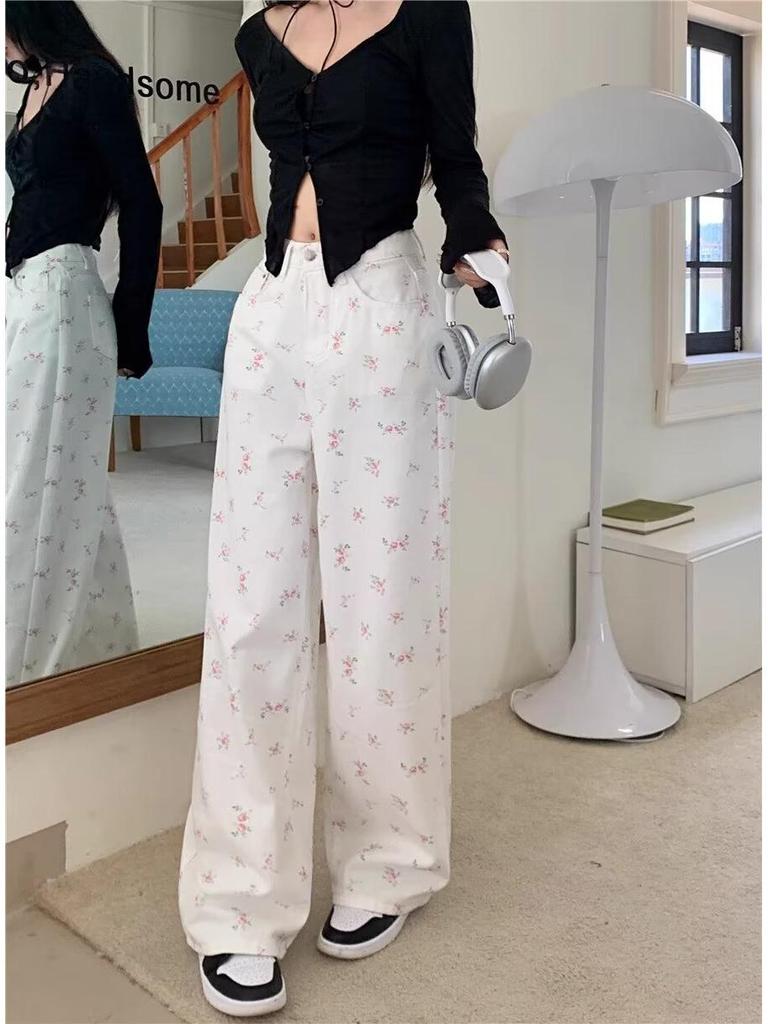 2024 Women's White Slim Straight-Leg Floral Jeans - Versatile, Loose, Drapey Fit for Summer