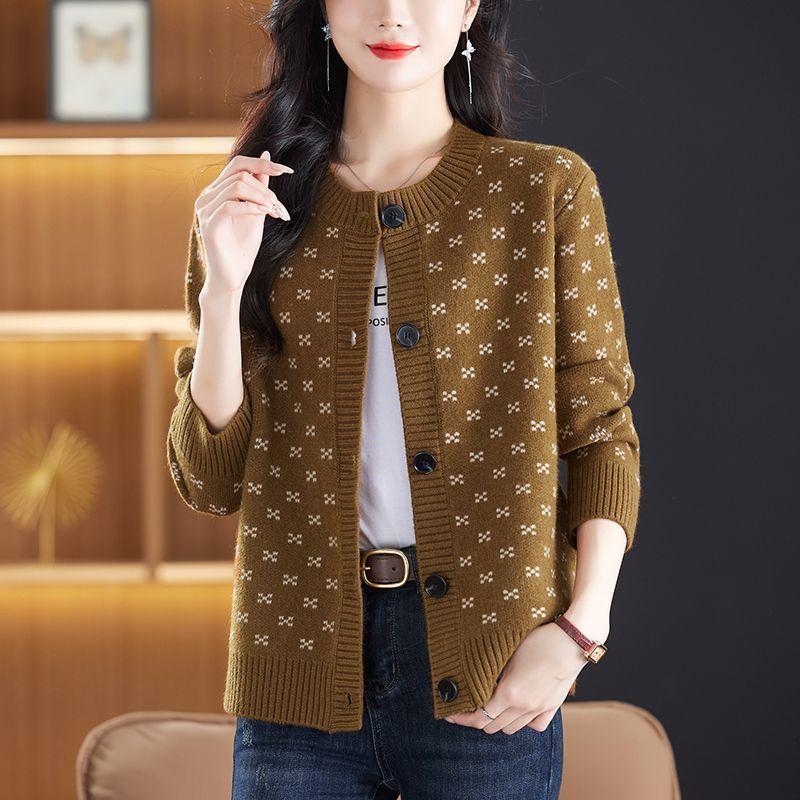 Весна и осень Новый кардиган с круглым вырезом и пуговицами Жаккардовый вязаный кардиган Пальто Свободный свитер Пальто