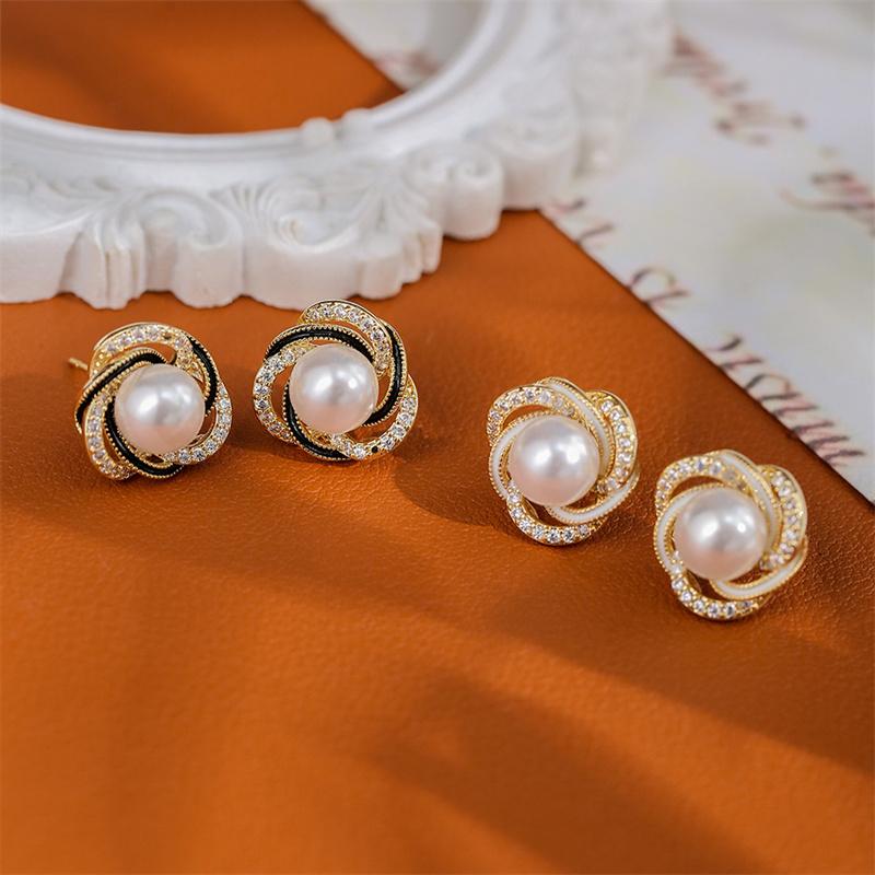 Fashion Elegant Rose Flower Zircon Pearl Ear Studs For Women Luxury Earrings Accessories Gift Trendy Delicate Jewelry AVE