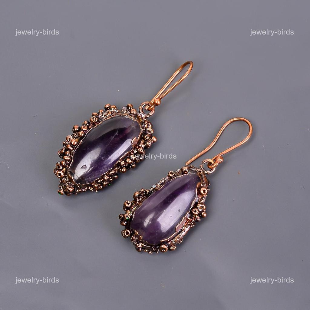 Аметистовый Камень Крючок Бохо Подвески Серьги Электроформованные Медь V-111