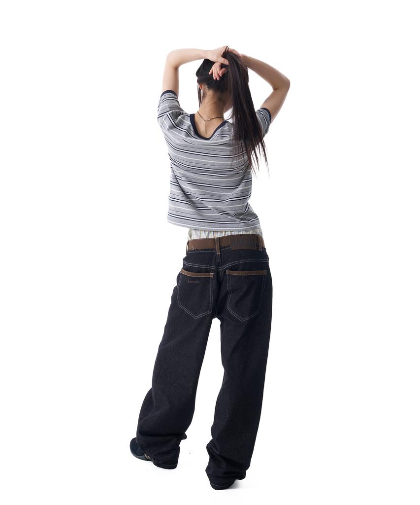 AAKAM Waist Contrast Denim Pants (Black)