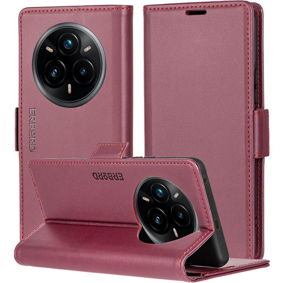 Realme 14 Pro+ 5G Case, ERBORD Glossy Litchi, Wallet Flip Cover, Red