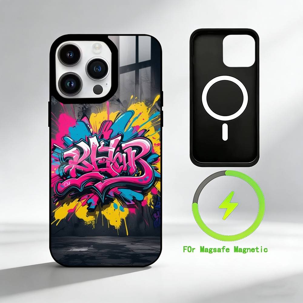 Яркий граффити чехол C-Cool для iPhone 17 16 15 14 13 12 Pro Max Plus с зеркальной беспроводной магнитной крышкой