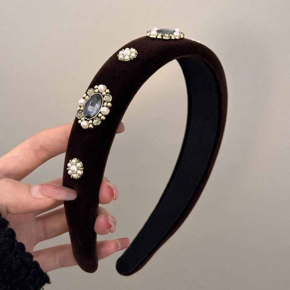 Wide Velvet Headband Rhinestone Hairband Sweet Vintage Hair Hoop Autumn Winter