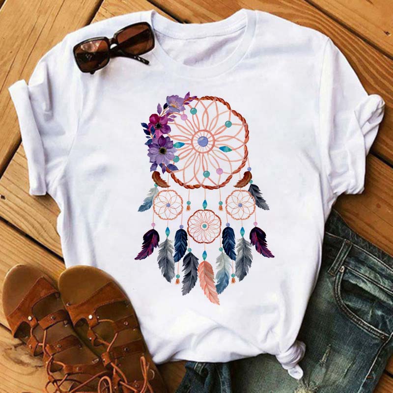 Maycaur Women Summer Short Sleeve Dreamcatcher Feather 3D Print Lady T-shirts Top T Shirt Tee T-Shirt