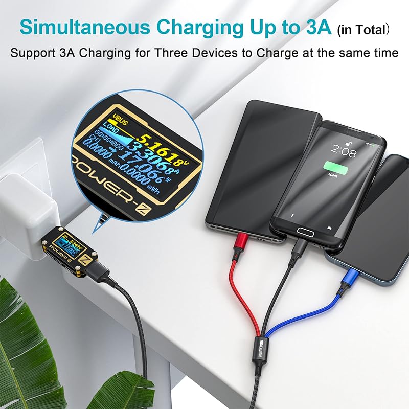 Кабель для зарядки NINGKPOW 3 в 1, короткий [комплект из 2 шт., 0,5 м] USB-кабель для быстрой зарядки 3 А, кабель для зарядки 3 в 1, кабель USB Type C, микрофон, телефон, может заряжать 3 устройства