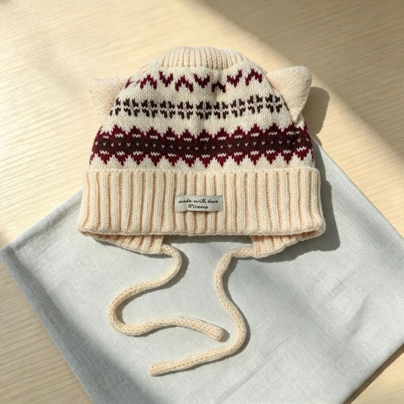 2026 Winter Fair Isle Knit Beanie Women With Cat Ear Detail Warm Cozy Wool Blend Hat In Solid Contrast Colors