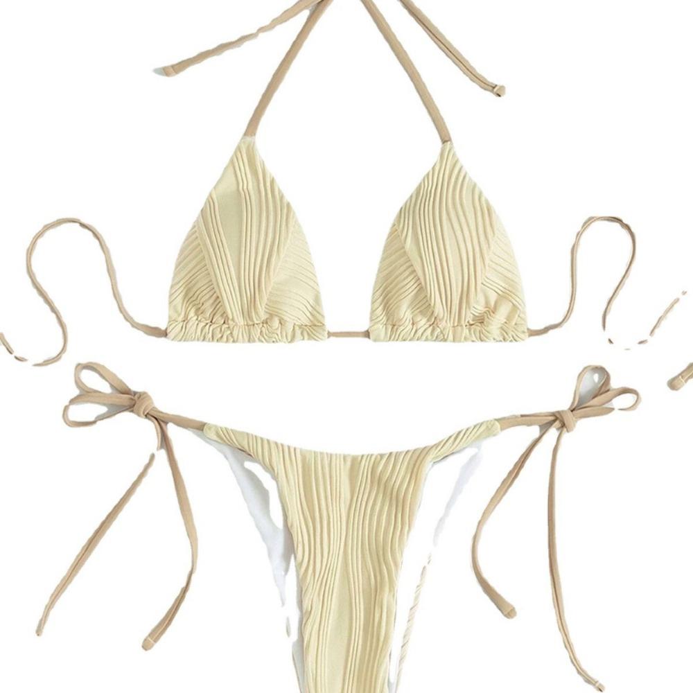 Европейский и американский сексуальный полосатый однотонный купальник-бикини со шнуровкой и разделением