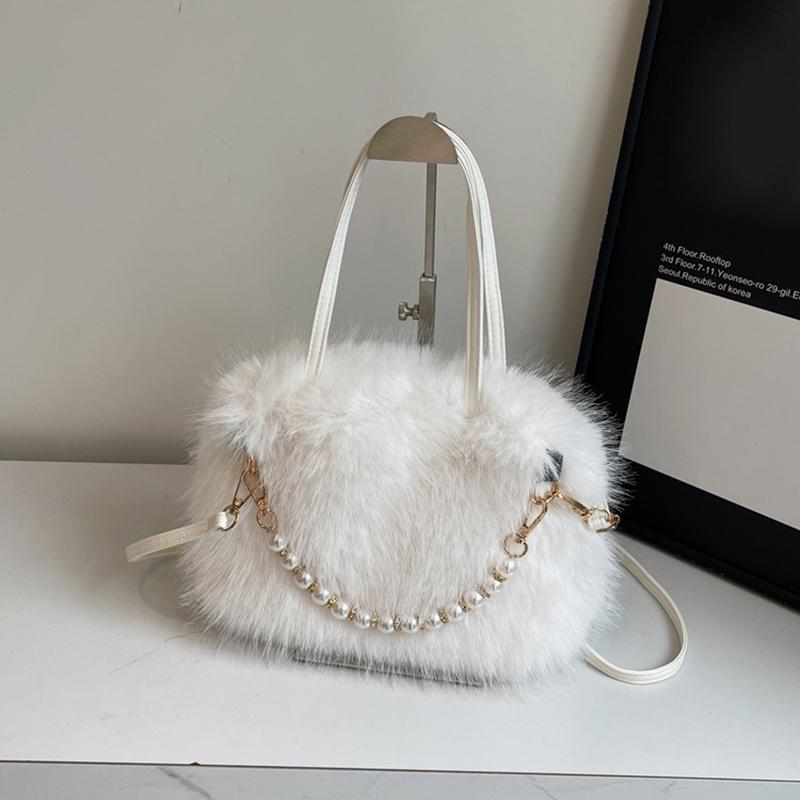 Winter Fashion Faux Fur Crossbody Bags for Women's Gift, Pearl Chain Decor Shoulder Bag, Ladies Handbags Top-handel Bag CLE