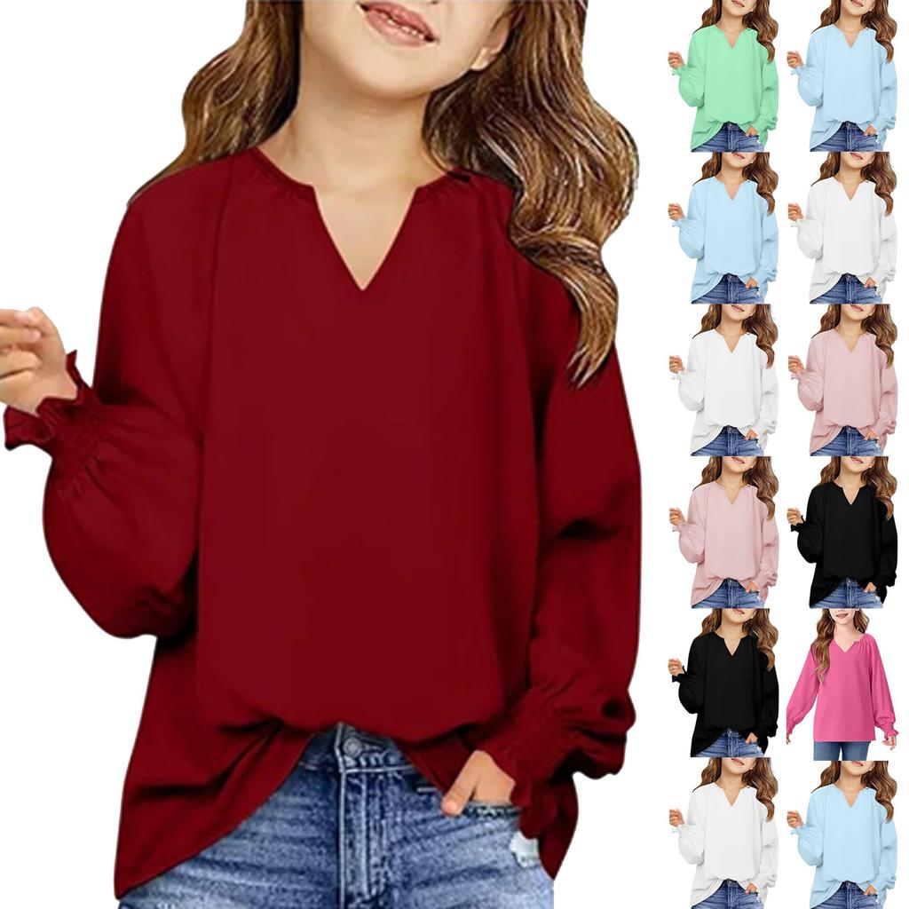 Девичья футболка с длинным рукавом - Однотонный свободный крой, повседневный топ