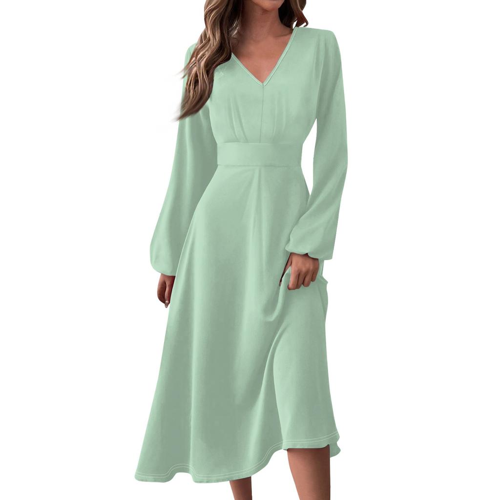 Women's  And Winter Casual Fashion V-neck Long Sleeve Solid Color Long Dress