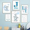 Blue Gray Elephant Moon Stars Nursery Wall Art Custom Boy Name Canvas Painting Poster And Print Baby Shower Gift Kids Room Decor