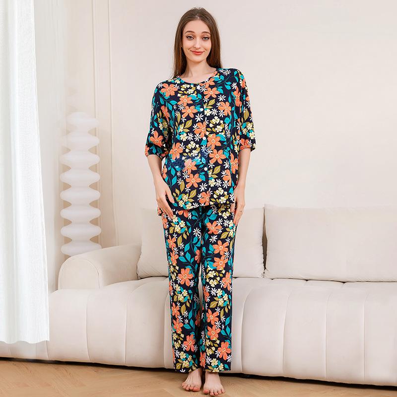 1011 new cotton pajamas women's summer thin five-quarter sleeve trousers loose large size high-end comfortable loungewear
