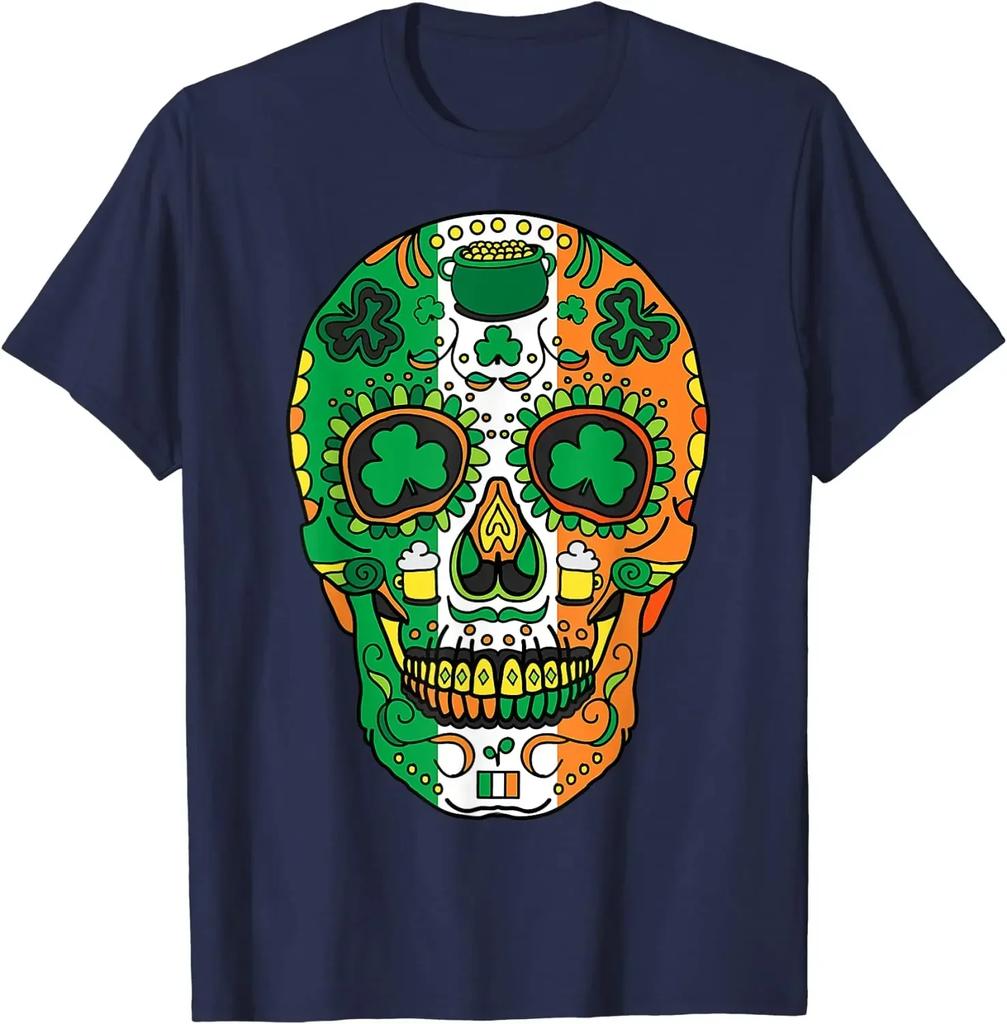 Футболка Irish Sugar Skull ко Дню Святого Патрика, новые поступления 2023 года, мужская футболка, свободная футболка, хлопковая повседневная футболка на все времена года