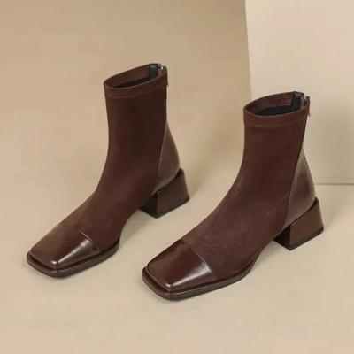 Женская мода квадратный носок толстый каблук короткие сапоги новые осень зима лаконичные эластичные узкие туфли на высоком каблуке Zapatos De Mujer