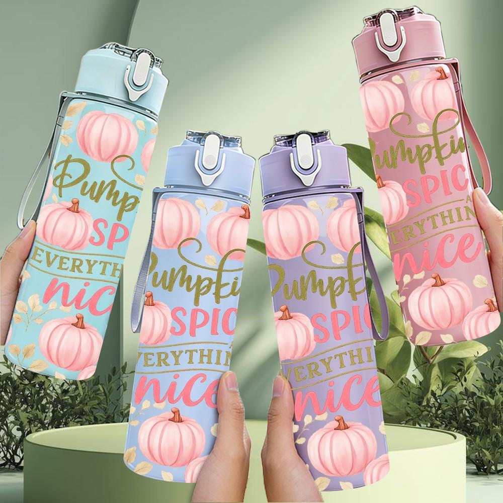1PC Pink Pumpkin Spice Fall Print 750ml Color Plastic Sports Water Bottle Leakproof Flip Straw Lid Suitable for Sports Office Home Use