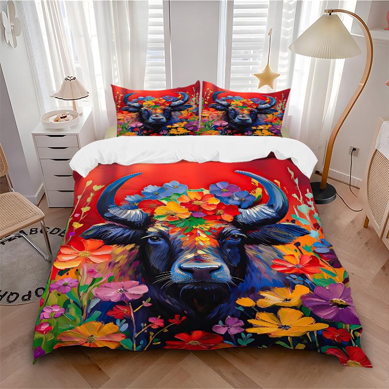 3pcs Bull Flowers Duvet Cover Set, 1 Duvet Cover + 2 Pillowcases (No Insert), High-Definition Print, Home & Dorm yy251123048