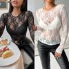 New Elegant Single Layer Lace Braless Slim Slim Look Round Neck T-shirt Long Sleeve Top