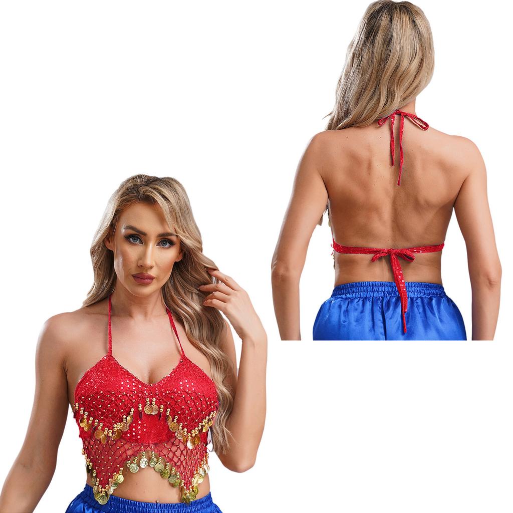 Женский бюстгальтер-топ для танца живота с бретельками через шею, сетка из пайеток, пластиковые бусины, четкие кисточки, шнуровка, укороченный топ для танцев, костюм для выступлений