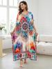 2024 Bohemian Chic Printed Batwing Sleeve V-образный вырез с разрезом по бокам Макси-платье Женская летняя одежда Пляжная одежда Купальный костюм Накидка Q1594
