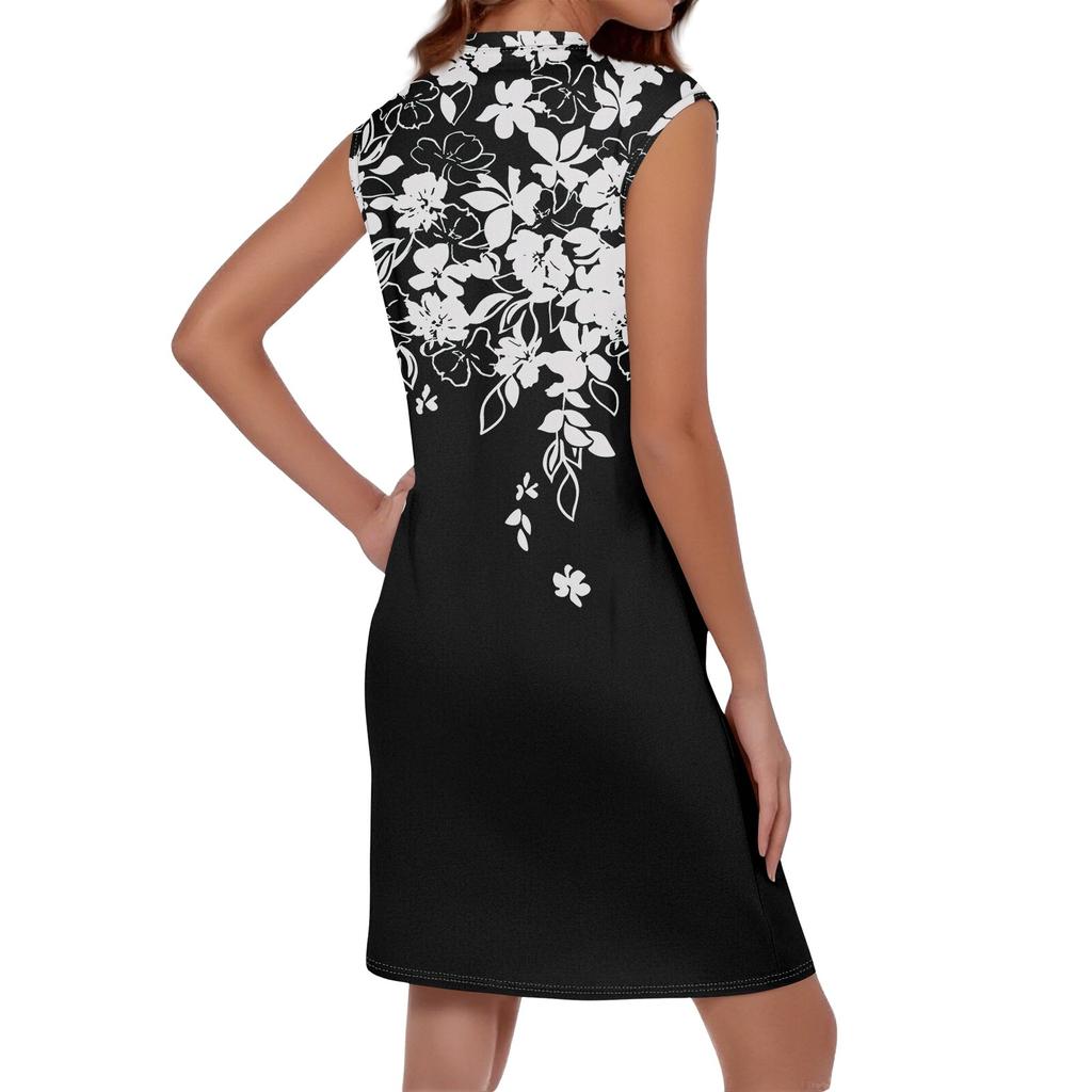 Женское повседневное и модное платье средней длины с круглым вырезом и без рукавов с принтом