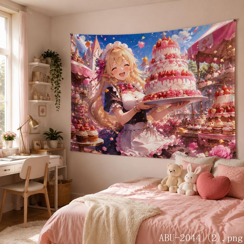 Cherry Blossom Kawaii Anime Girl Aesthetic Tapestry Soft Pastel Floral Wall Hanging Teen Dorm Bedroom Otaku Home Decor