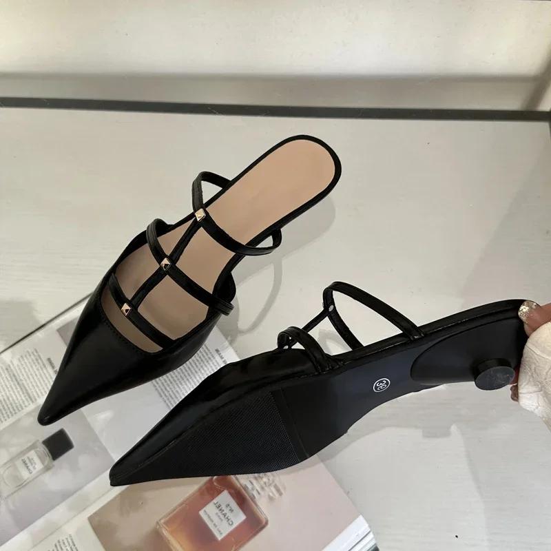 Модные туфли-лодочки с острым носком, женские туфли-лодочки, модные туфли на низком каблуке для банкета, туфли для вечеринки, женские шлепанцы с заклепками, сексуальная обувь для женщин