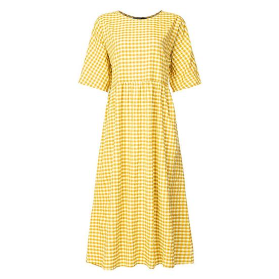 Summer Women Dress O Neck Check Print A-line Big Hem Short Sleeves Pleated Loose Pullover Commute Dating Maxi Dress Daily Long Dress