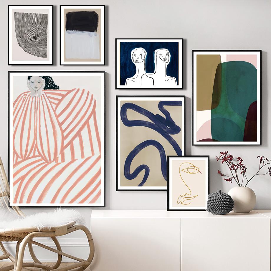 Абстрактное полосатое платье для девочек, линии рисунка, геометрические настенные художественные принты, картина на холсте, скандинавский постер, Декор, картинки для гостиной