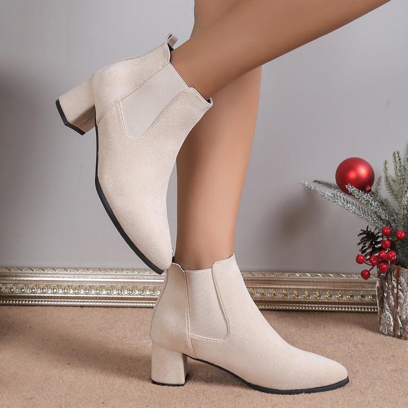 European and American Fashion Boots Women's 2024 Autumn Winter New Pointed Suede Side Zipper Mid Heel Short Boots Zapatos Mujer