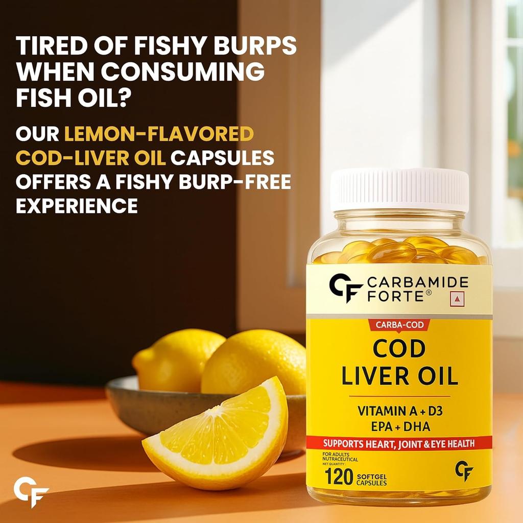 Carbamide Forte Cod Liver Oil Omega 3 FishOil 300mg (120 Softgels Capsules ) with Vitamin D3 Lemon Flavour