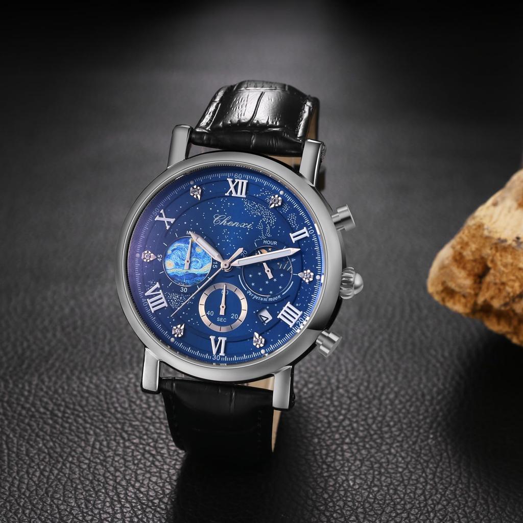 Watch Genuine Leather Strap Van Gogh Starry Analog Calendar Leather Strap Waterproof Quartz Watch Black Fashion Watch Day Birthday Christmas Day Gift