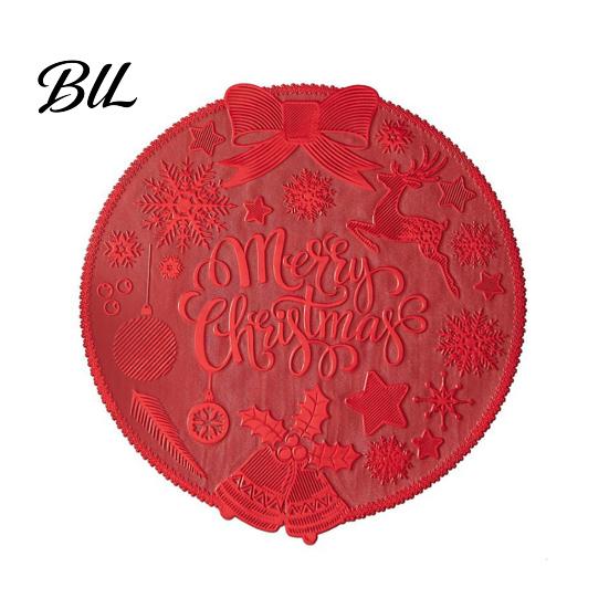 Snowflake Bow Bell Patterns Round Christmas Placemat, 15 Inch Waterproof Place Mat, Heat Easy to Clean Table Mats Resistant PVC Mat for Dining Holiday