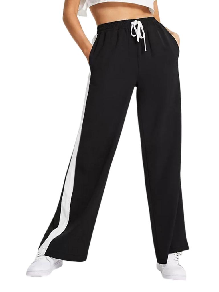 Contrasting Colour Block Elastic Waist Wide-leg Pants Casual Straight-leg Pants for Women Wide-leg