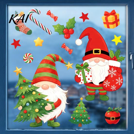 DIY Holiday Home Decor 6Pcs Christmas Gnome Static Window Cling, No?Glue Glass Sticker with Xmas Clings Tree & Candy Cane, Reusable for Shop