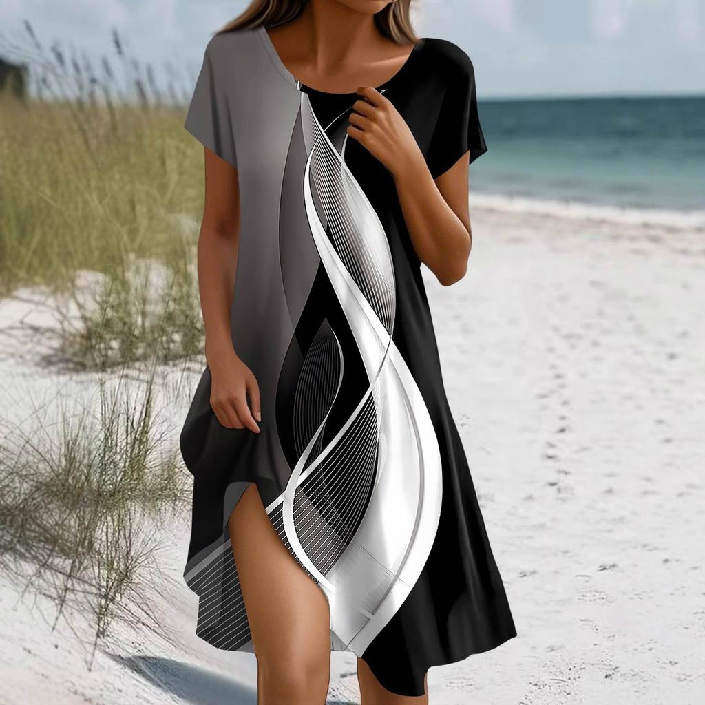 Short Sleeve Boho Dress For Women Casual Loose Fit Summer Sundress Floral Print Dress With Pockets