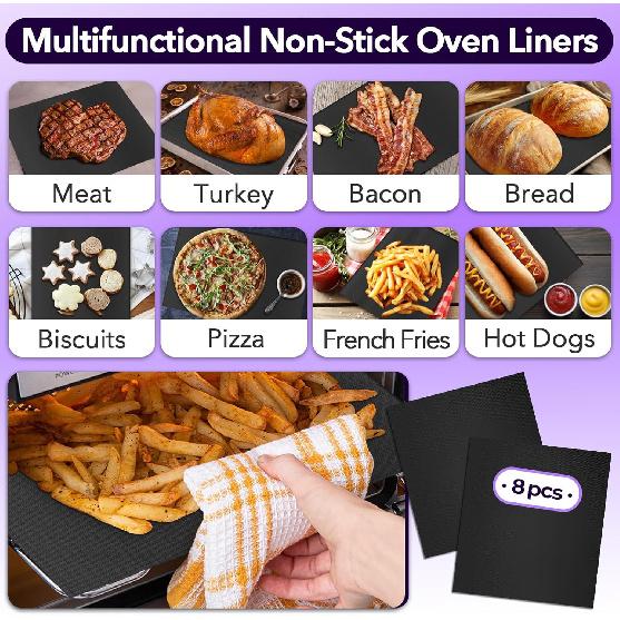 8PCS Air Fryer Liners for Emeril Lagasse 26 QT French Door 360 Air Fryer, Teflon Mat Non-Stick Oven Liners for Bottom of Oven, Reble Oven Liner for