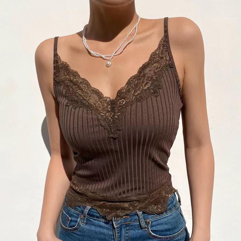 Goth Aesthetic Lace Patchwork Tank Tops For Women Sexy V-Neck Brown Retro Crop Tops Summer Fashion Casual Camisole