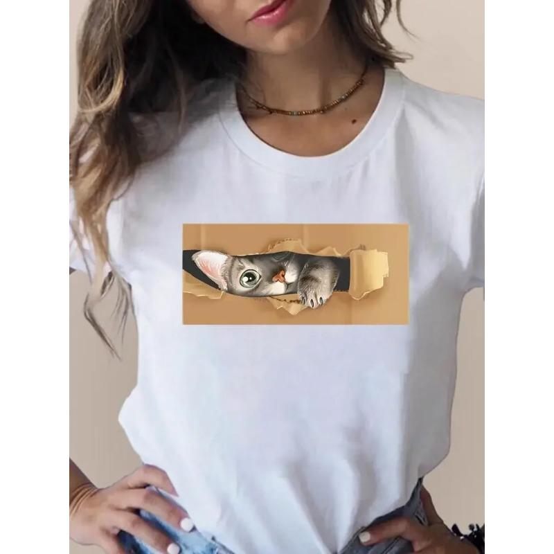 Летний топ с круглым вырезом и принтом в виде кошки, модные повседневные женские футболки из чистого хлопка с короткими рукавами