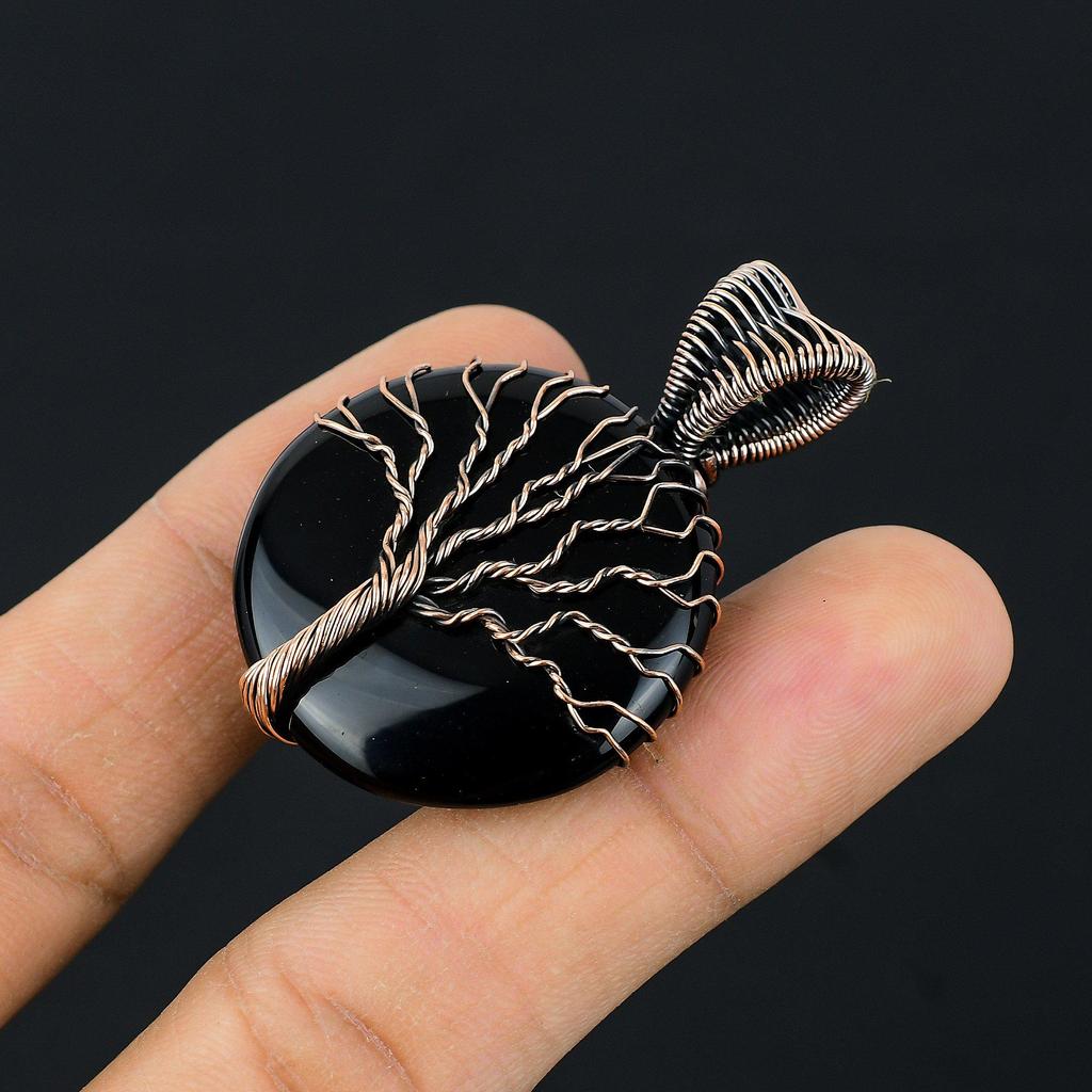 Древо Жизни Черный оникс Драгоценный камень Медная проволока Оберточная подвеска ручной работы Ювелирные изделия для нее