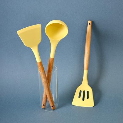 Желтый/белый, 3 шт., деревянная ручка, силиконовая лопатка, набор посуды, желтый набор для выпечки, кухонная ложка, набор кухонной утвари, ковш