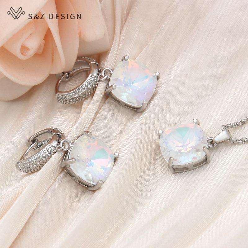 Модные серьги цвета розового золота с квадратными кристаллами, комплекты ювелирных изделий для женщин, свадебное ожерелье с подвеской, подарок