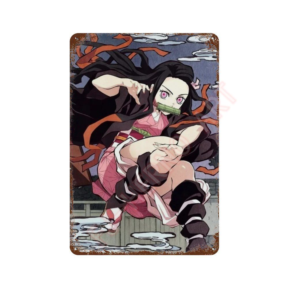 Classic Pop Anime Demon Slayer Kyojuro Rengoku Art Poster Metal Tin Sign Plaque Wall Plates for Living Room Modern Home Decor