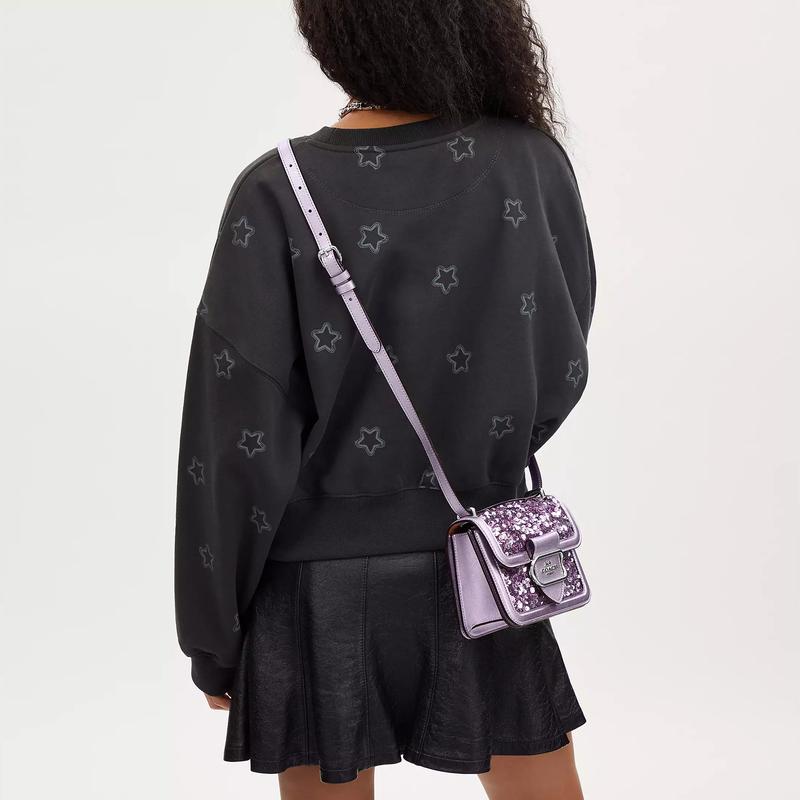 COACH Morgan 18 Solid Sequin Snap Carriage Logo Flap Smooth Leather and Refined Calfskin Small Square Bag Shoulder Crossbody Bag Small Women's Lilac