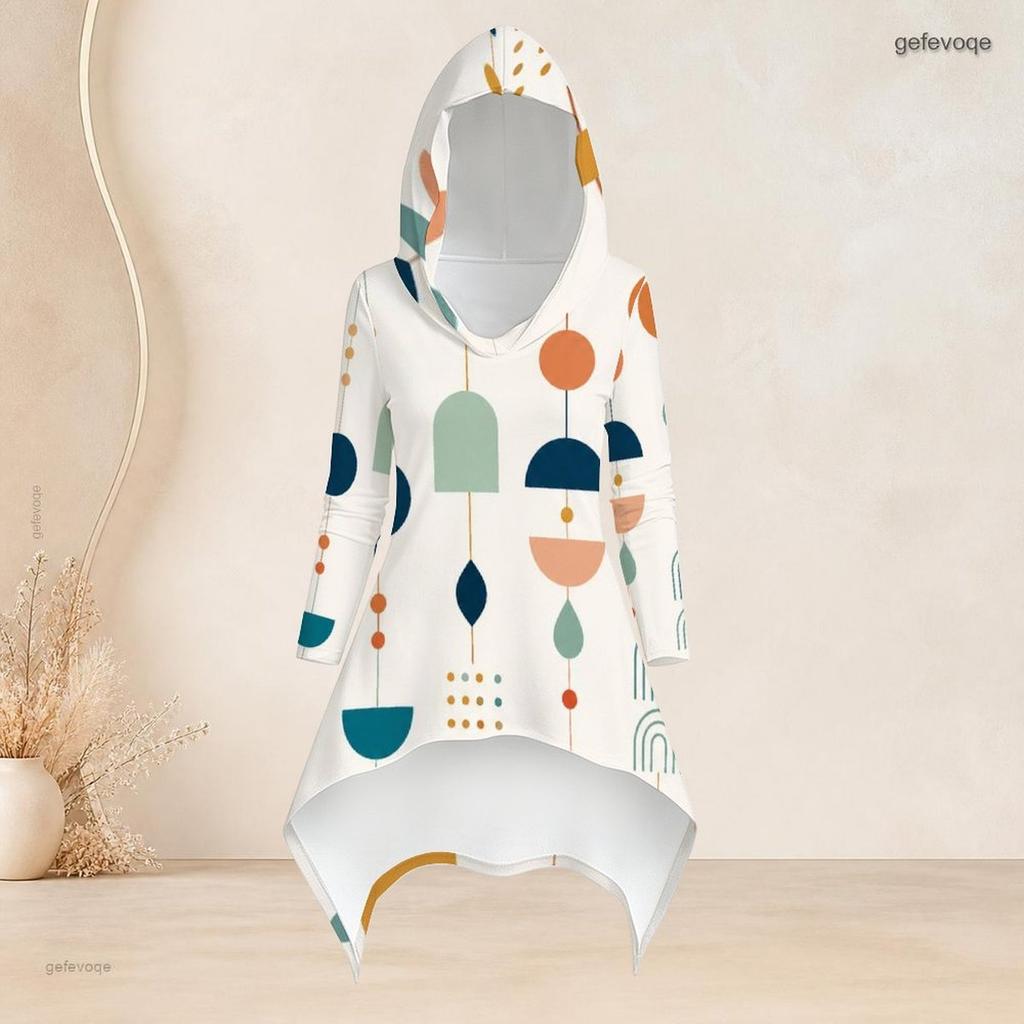 Women Plus Size White Printed Hooded Long Sleeve High Low Top Fitted Pants Two Piece Set