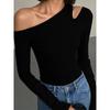 Модные женские футболки с косым воротником и открытыми плечами, с длинными рукавами, весна 2024, новые однотонные облегающие укороченные топы, сексуальные ажурные футболки